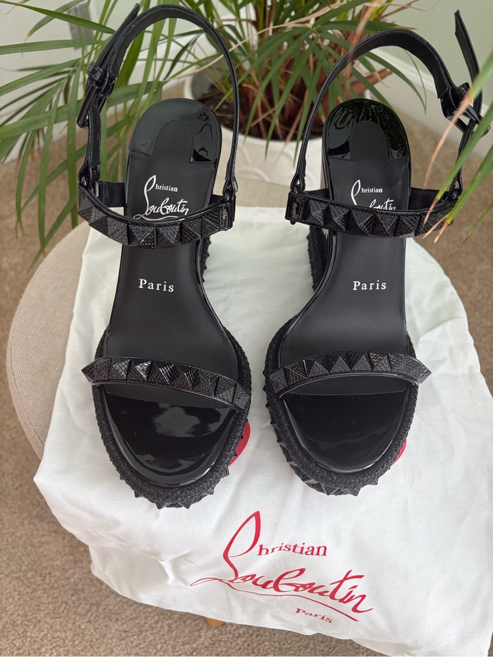 Christian Louboutin Black Studded Patent Platform Sandals with Red Sole Accent - Picture 5 of 7